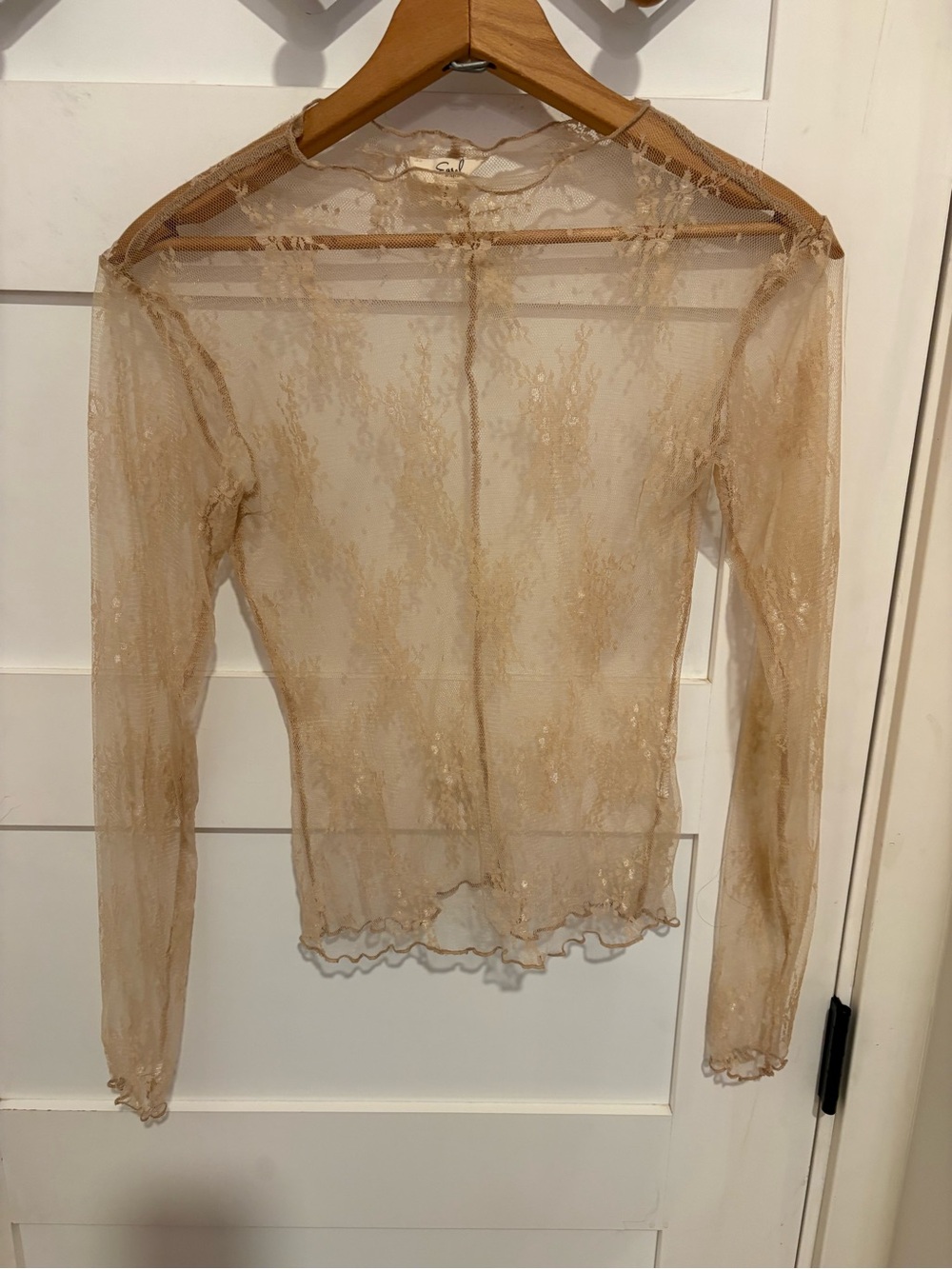 easel Beige Lace Long Sleeve Sheer Top with Pink Underlay